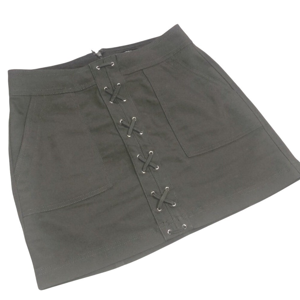 Express Lace Up Front Grommet Mini Skirt Olive Green Womens Size 4